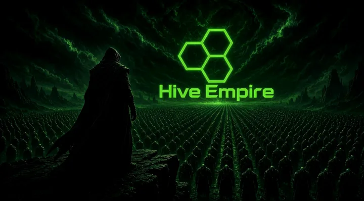 A cinematic green Hive Empire gathering beneath the hexagon emblem